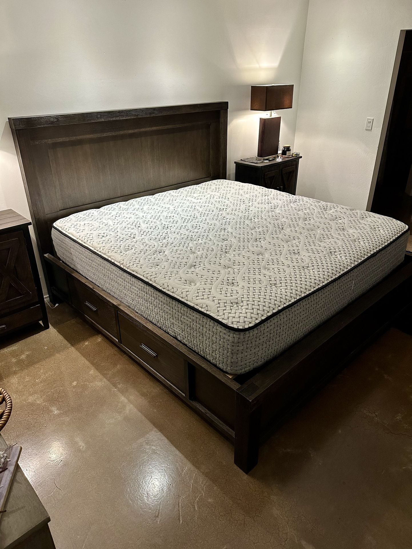 Moving Sale! “Like New” Heavy Solid Wood Rustic King Sized Bed Frame w/ Storage