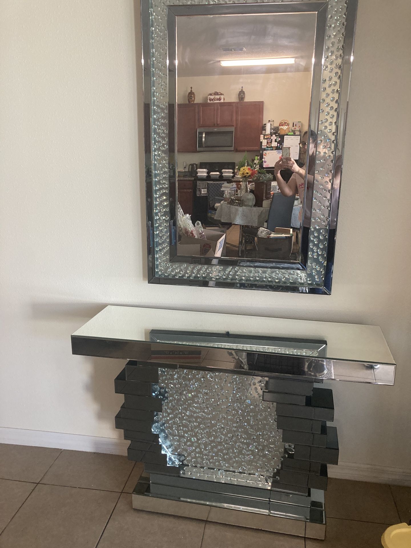 Mirrored Glass Console Table & Mirror Set!