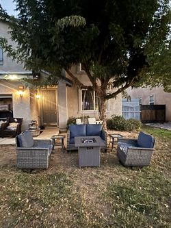 Patio Swivel Rocking Chairs With A Propane Firepit Table Outdoor Patio Furniture Set 