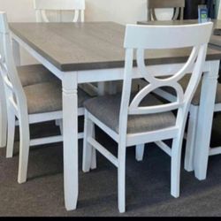 ✅️✅️(6 pc white & grey finish wood dining table set grey padded seat chairs and bench✅️✅️