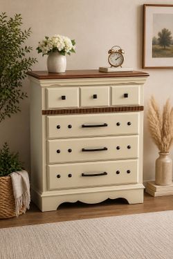 Refinished Wood Chest of Drawers / Tall Dresser – Cream & Walnut