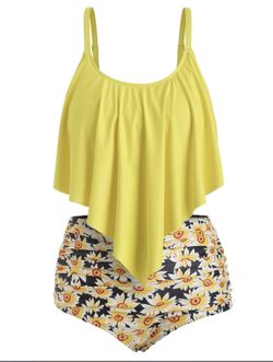 Plus Size Overlay Sunflower Print Bikini Set 🌻