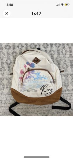 Roxy Beach Scene Backpack White Brown Faux Suede School Travel Laptop Bag