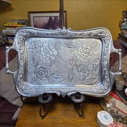 Vintage Metal Serving Tray with Embossed Floral Design