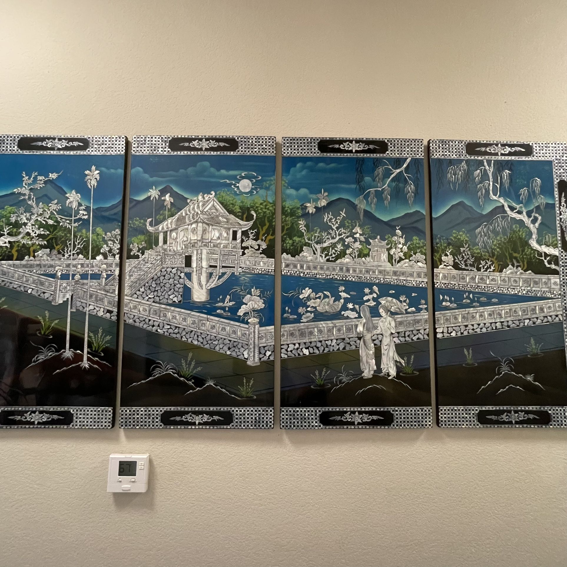 Mother Of Pearl Inlay 4 Panel Piece Asian Wall Art Antique/Vintage