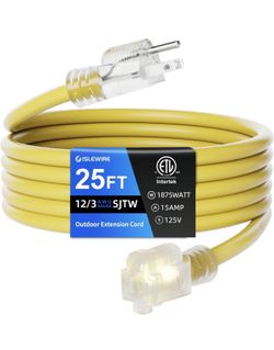 12 Gauge Outdoor Extension Cord 25 FT Waterproof, 3 Prong Plug, SJTW Heavy Duty 15A 1875W, Yellow Extension Cable with Lighted end for Commercial Use