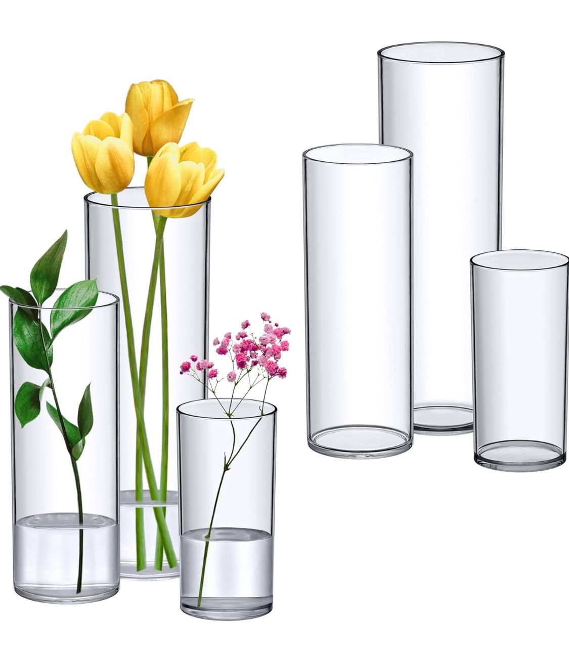 Amazing Abby - Viola Magra - Plastic Cylinder Vases (6-Piece Set), Acrylic Flower Vases for Wedding Centerpieces, Home Decorations, Office Ornaments,