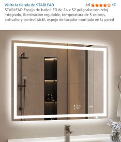 Espejo de baño LED de 24 x 32 pulgadas con reloj integrado, iluminación regulable, temperatura de 3