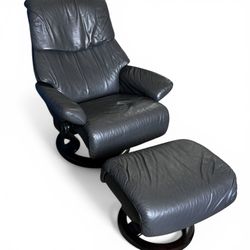 Ekornes Stressless Gray Leather Swivel Recliner Chair & Ottoman