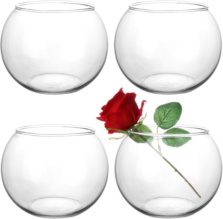 Set of 4 Clear Glass Vases, 6” W x 4.4” H, Round Candle Holders, Bubble Bowl