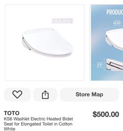 A TOTO KS6 Washlet Electric Heated Bidet Seat for Elongated Toilet in Cotton White