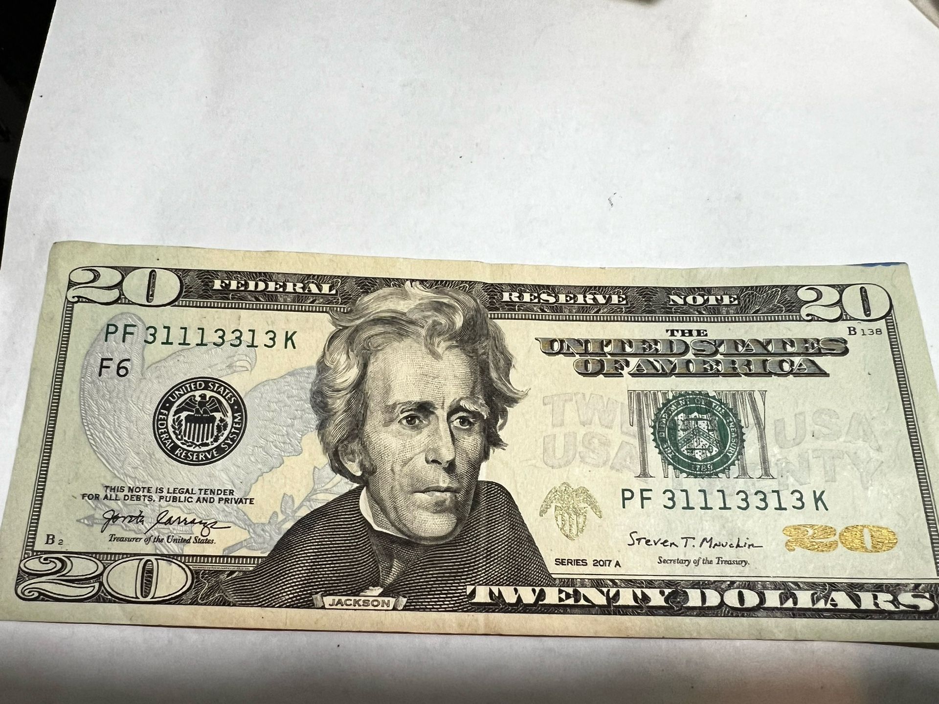 Low Serial Number. 2017 A Binary Note 20 Dollar Bill