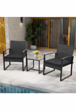 3 Piece Rattan Outdoor Furniture Set, Patio Conversation Sets Includes Wicker Chairs with Thickened Cushions & Side Table for Backyard Porch Deck