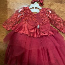 Fancy silk and lace red toddler girl dress with matching bow size 90/2t