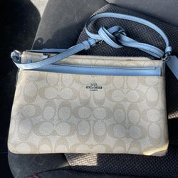  Coach SIgnature East West Crossbody Handbag Light Khaki/Pool w/ Zip Pouch F58316.