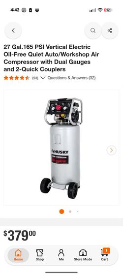 New in Box Husky 27 Gal. 165 PSI Vertical Electric Oil-Free Quiet Air Compressor. SOLD AS IS