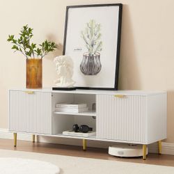 TV Stand for 65+ Inch TV, Modern Living Room Entertainment Center with Storage Cabinets, Waveform Panel Wood Media Console with Ajustable Shelves & Ca
