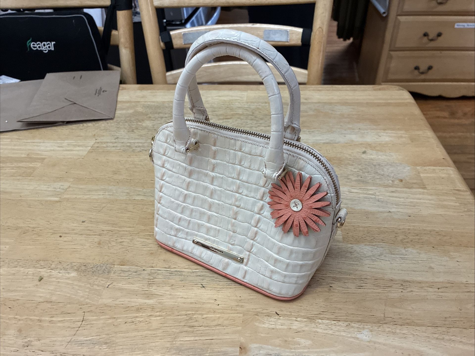 Brahmin Purse Handbag White Crocodile And Pink Ostrich Leather Bag With Strap