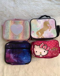 Bundle (4) Insulated Lunch Bags – Unicorn, Galaxy, Hello Kitty & Pink Glitter School Lunch Totes