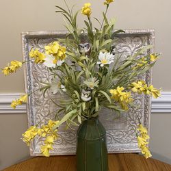 Handcrafted Green Vase W/ Daisies, Yellow Flowers & Hoot Owls