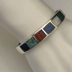 Vintage Signing Nativ….America….Sterling Silver Inlaid Multi Stone Cuff Bracelet