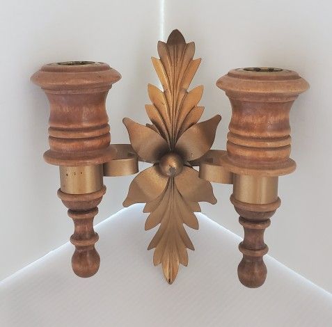 HOMCO Wood Double Candleholder VTG Gold and Brown Wall Candle Holder 70s Sconce
Decor