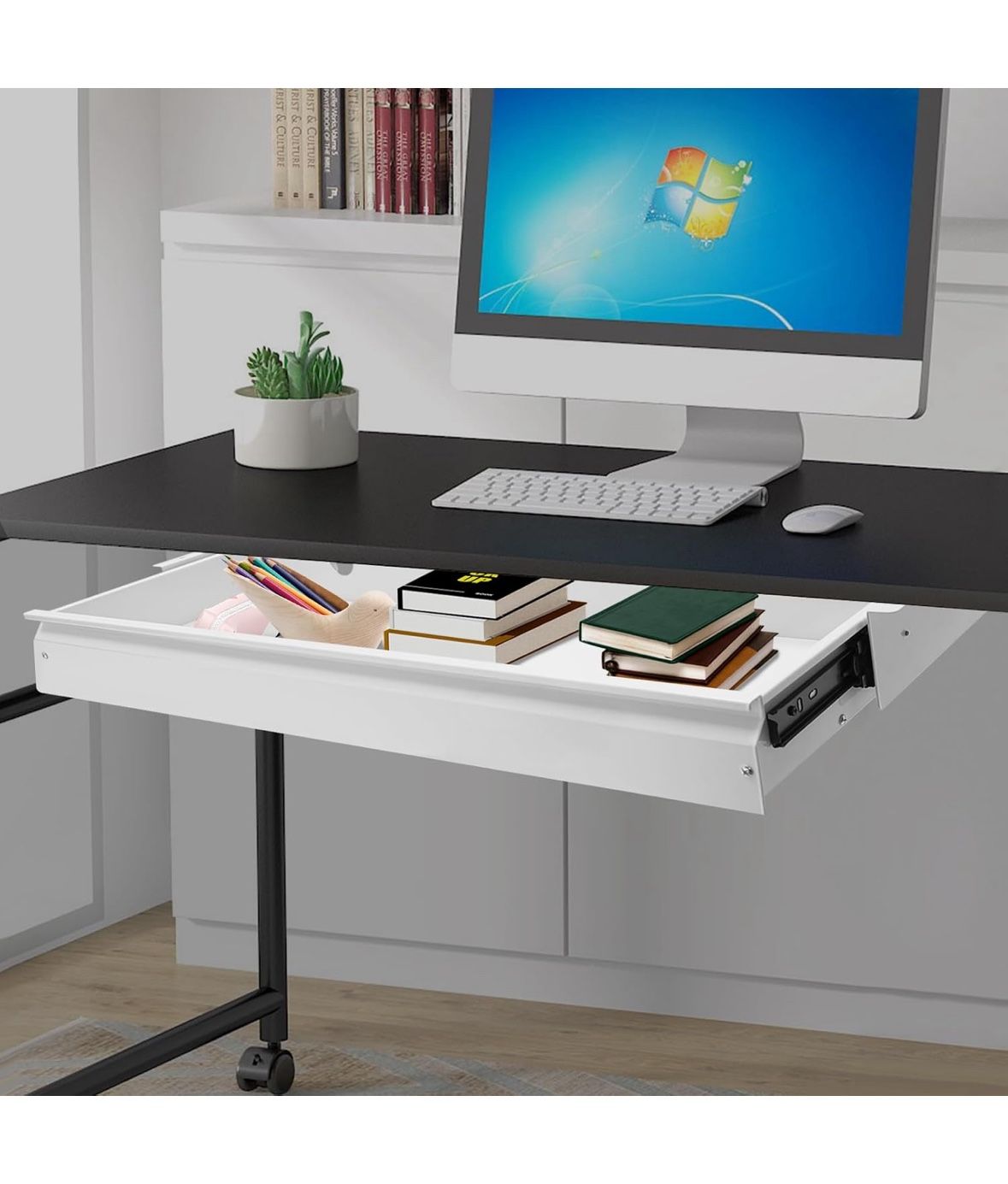 33" Low Profile Under Desk Drawer, Sliding Pull-out Storage Organizer without Shell, Iron Drawer Under Table for Office Desk or Table, White_Universal