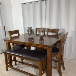 High Dining Table with Extension, Chairs & Bench / Comedor de Mesa Alta con Extension Sillas y Banca