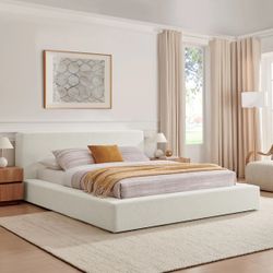 QUEEN CHENILLE UPHOLSTERED PLATFORM BED FRAME IN IVORY (M) $699 FREE LOCAL DELIVERY