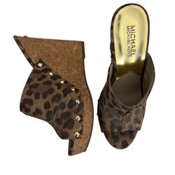 Michael Kors Belinda Mule Brown Leopard Suede Studded cork Wedge Heels, Sz 6.5