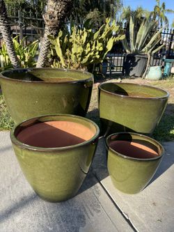 Ceramic Tropical Green Pots-Glazed Round Ceramic Planters.($195 set of 4)