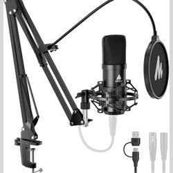 MAONO XLR/USB Condenser Microphone: 192kHz/24Bit Plug & Play PC Computer Podcast Cardioid Metal Mic Kit with Software, Professional Sound Chipset for 