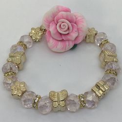 Pink Flower Gold Beads Bracelet
