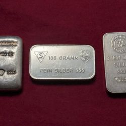 silver bars .999 ~ 3 oz bar ~ 100 gram bar ~ 100 gram bar~ 3 bars $850