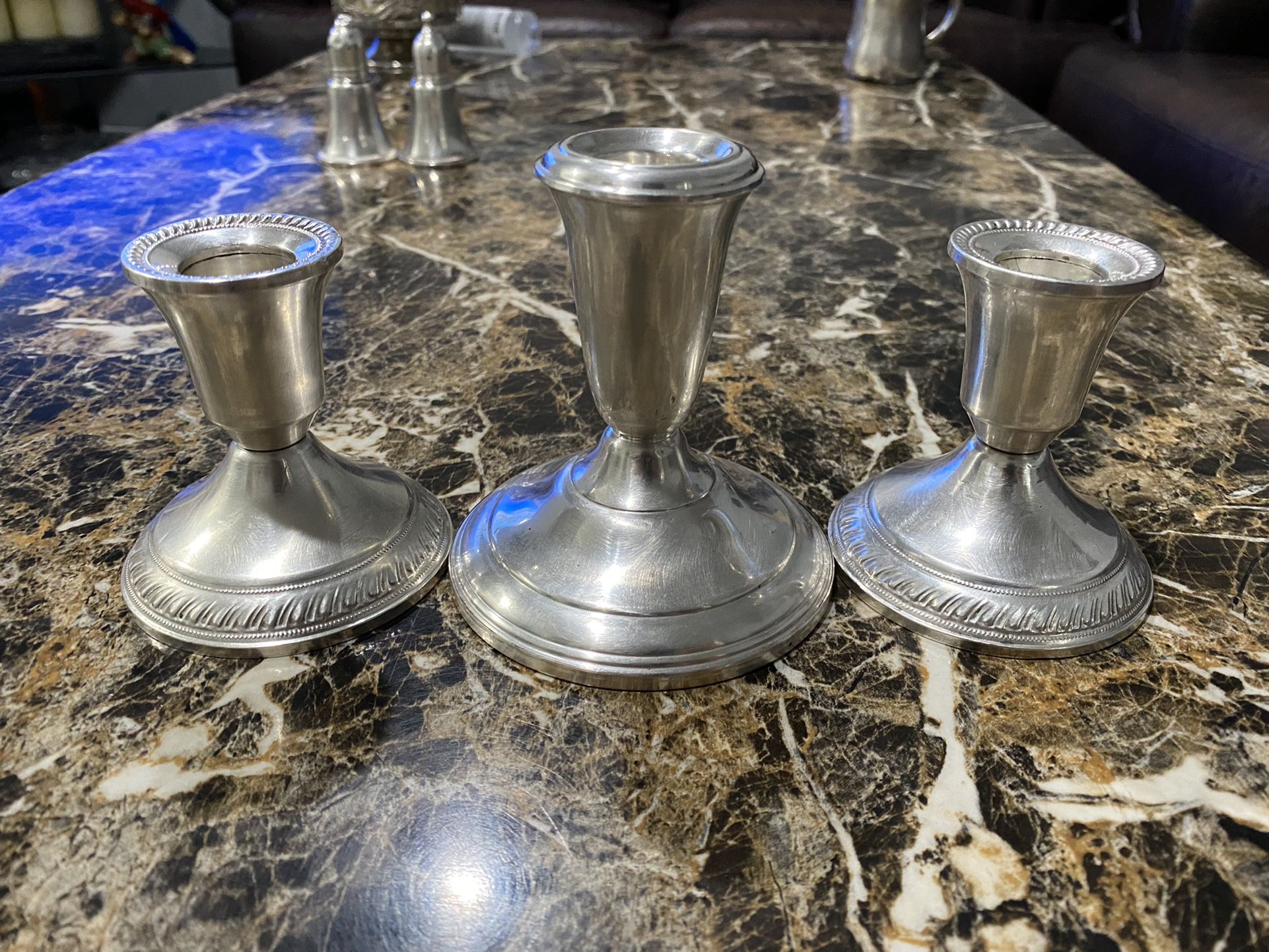 3 Sterling Silver Cement Filled Candle Stick Holders