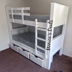 Solid Wood Twin/Twin Bunk Bed With 3 Drawers And Both Memory Foam Mattresses $1,080