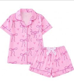 Size M Women's 2 Piece Pajamas Set Cute Pink Bow Summer Lounge Sleepwear Button Down Short Sleeve Soft Comfy Pj Set