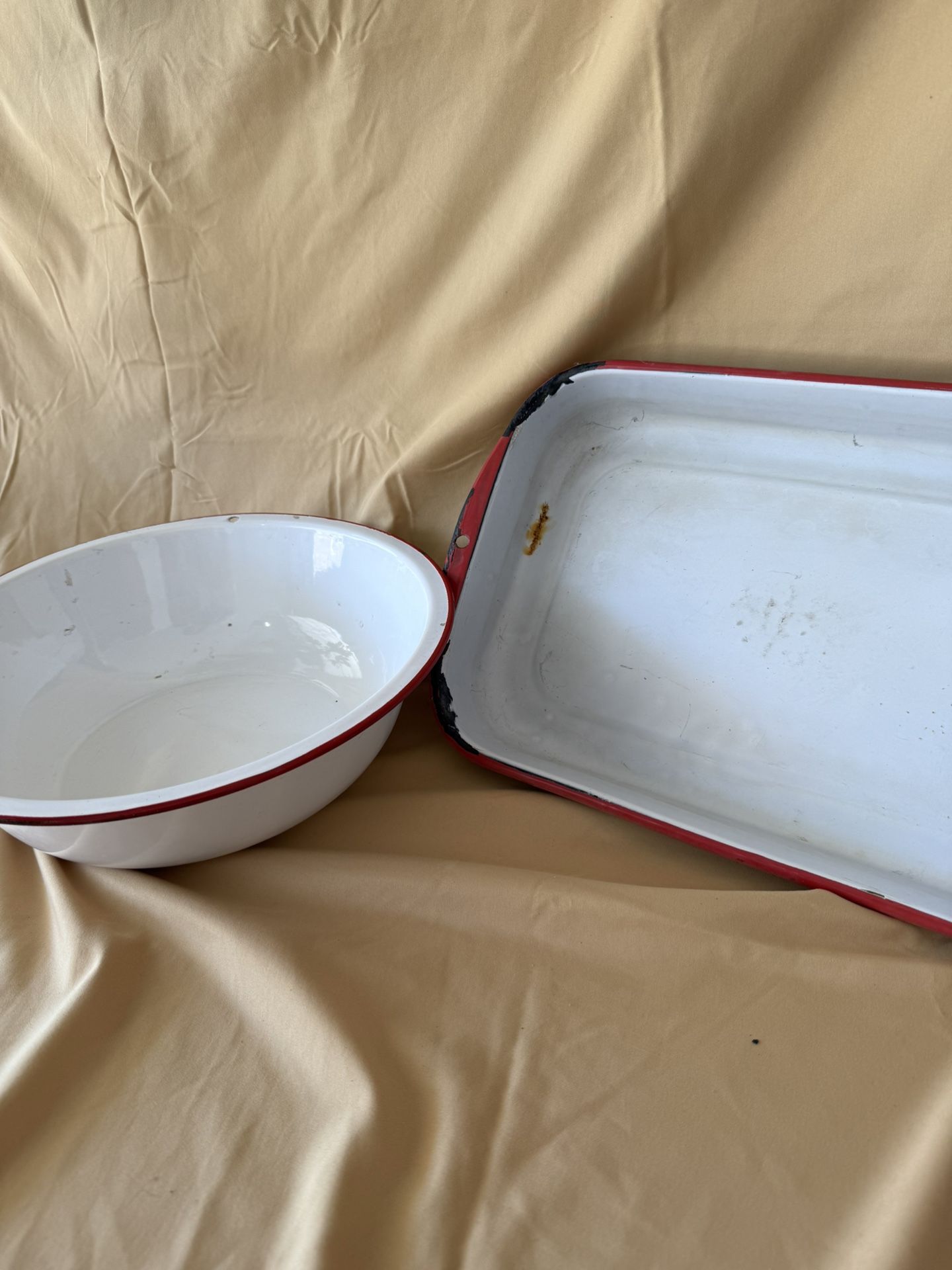 Red Enamelware Wash Basin And Pan