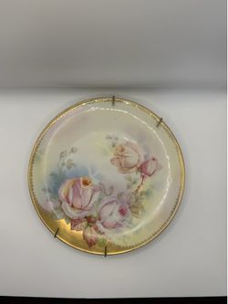 Antique Prussian Hand Painted Porcelain Rose Plate / Plato Alemán Antiguo