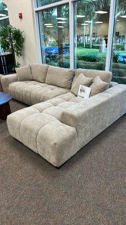 Beige Tufted Sectional Sofa with Chaise- shop now pay later