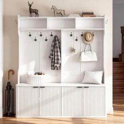 Entryway Hall Tree w/ Bench, Storage Cabinets, Hooks & Shelves | White