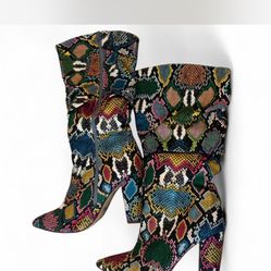Steve Madden Multi-coloured faux leather snake skin print boots with zipper, heels. 