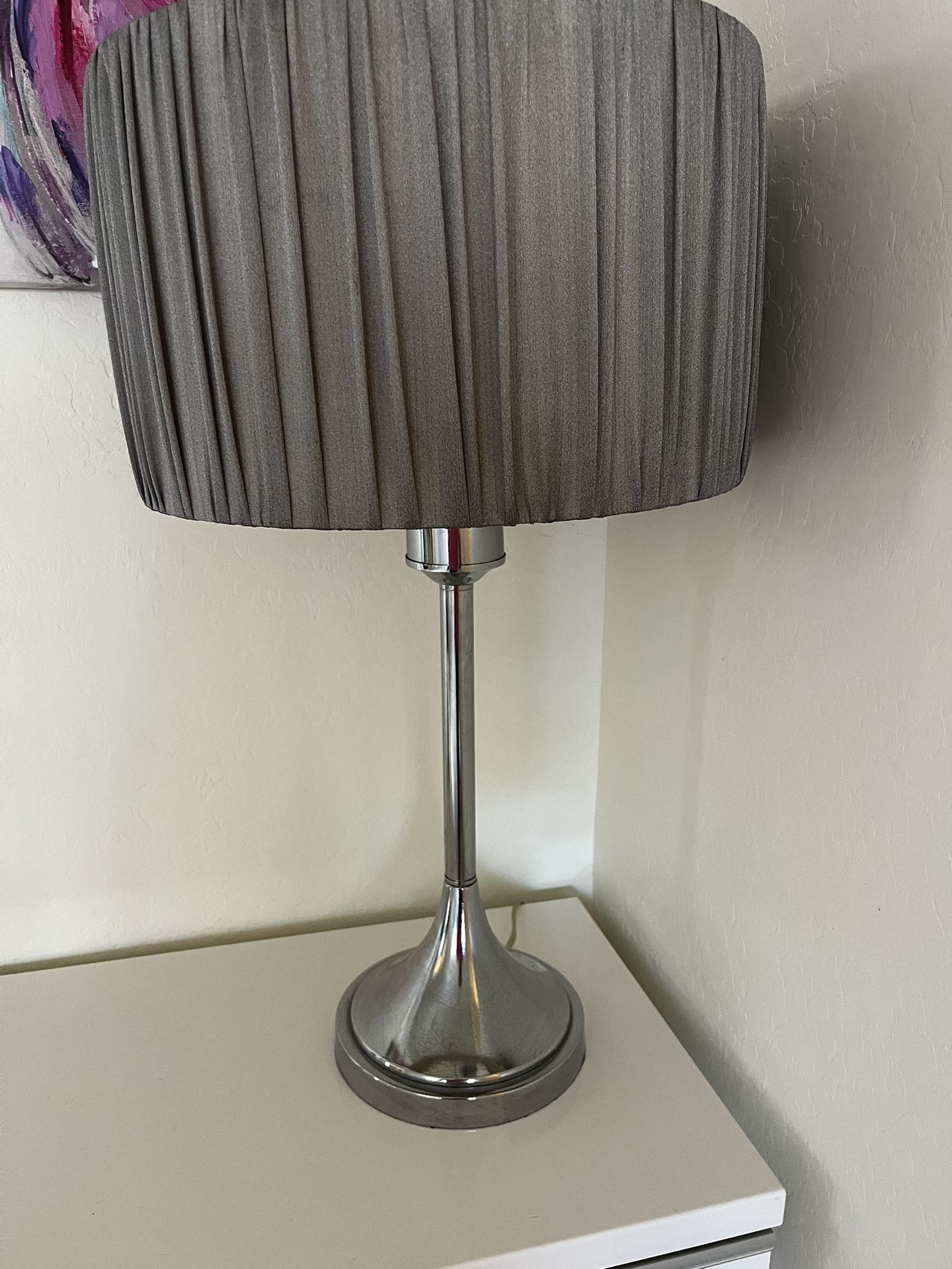 Tall Chrome Table Lamp With Gray Lampshade