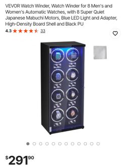 VEVOR Watch Winder, Watch Winder for 8 Men's and Women's Automatic Watches, with 8 Super Quiet Japanese Mabuchi Motors, Blue LED Light and Adapter, Hi