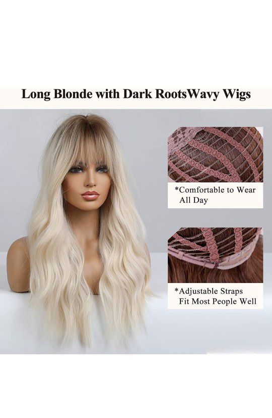 HAIRCUBE Long Blonde Wigs for Women, Synthetic Curly Hair Wig with Bangs Wavy Hair with Dark Roots


