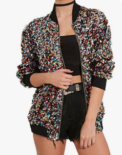 Colorful Woman Sequin Long Sleeve Zipper Jacket