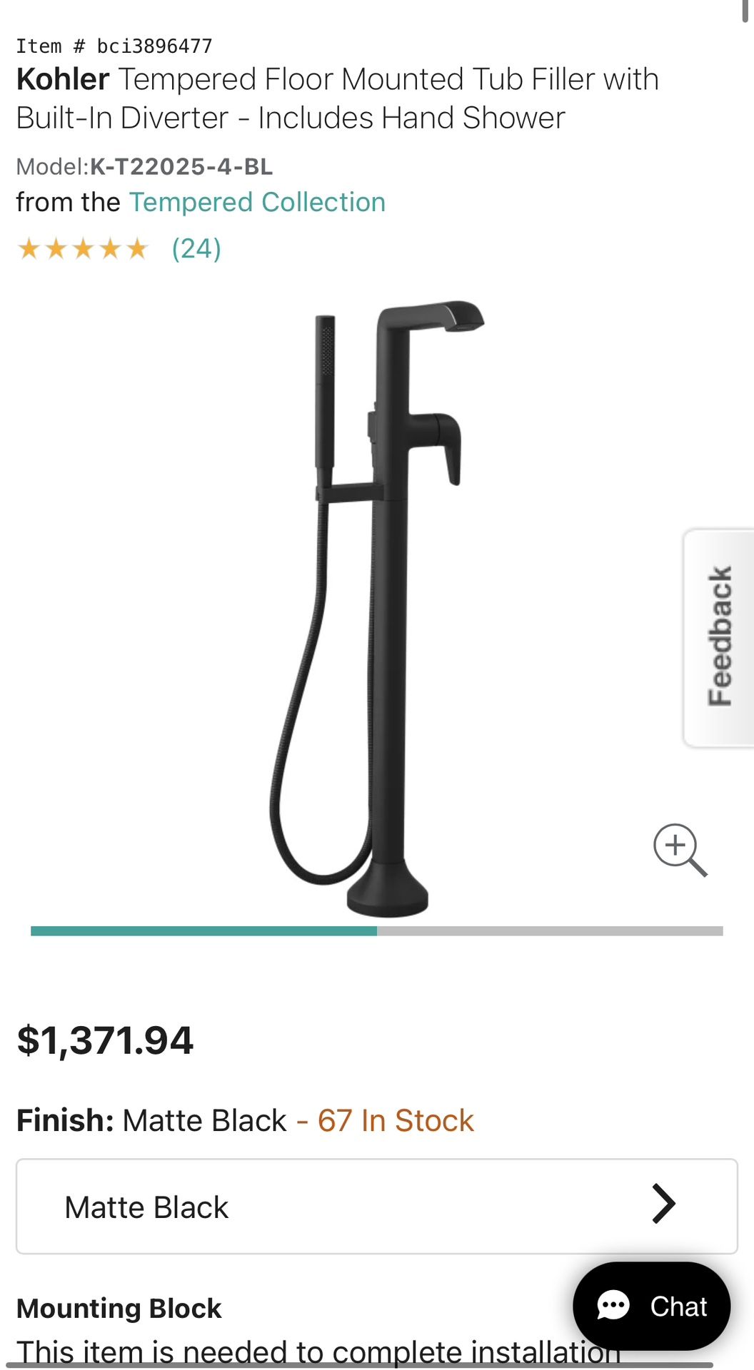 Kohler Tempered Floor Mounted Tub Filler with Built-In Diverter And Includes Hand Shower
