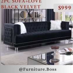 Black Velvet Sofa - Contemporary Style Liz Living Room