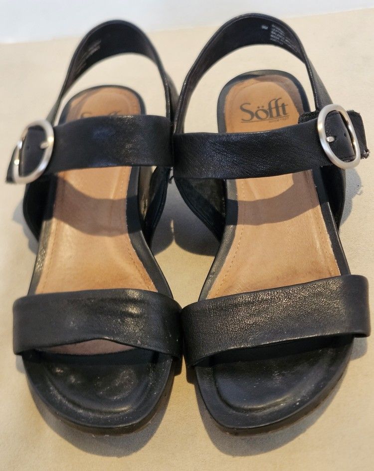 Sofft Vaya Black Leather Wedge Sandals with Buckle Strap SZ: 9M