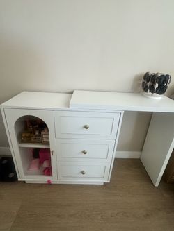 White Vanity Desk with Drawers and Cabinet